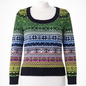 Vtg Merino Wool Fair Isle Rainbow Multicolor Scoop Neck Sweater S Maximalist Y2K
